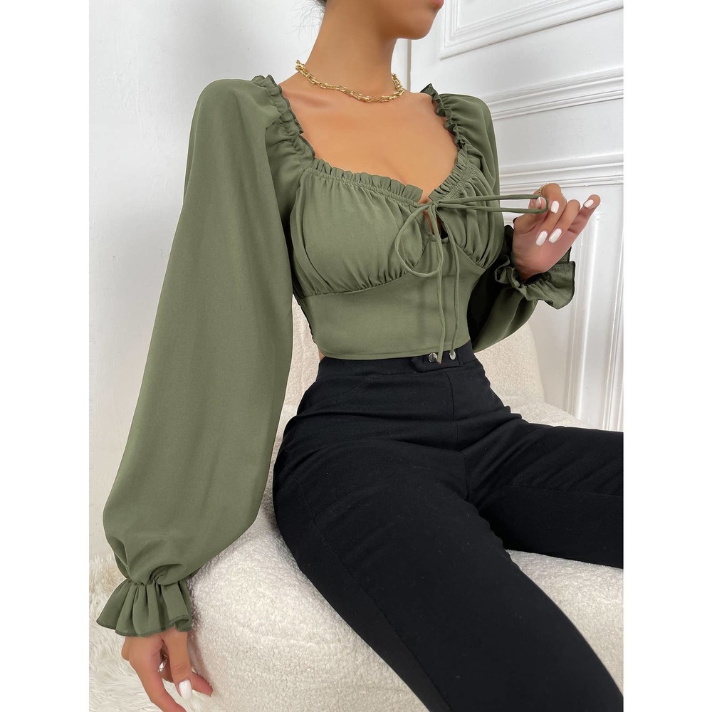 Frill Trim Bell long Sleeve Ruched Bust Milkmaid crop top boho brown - Picture 9 of 11